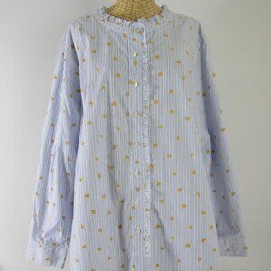 New Talbots Womens Plus 2X Blue White Striped Hearts Cotton Ruffle Shirt $99